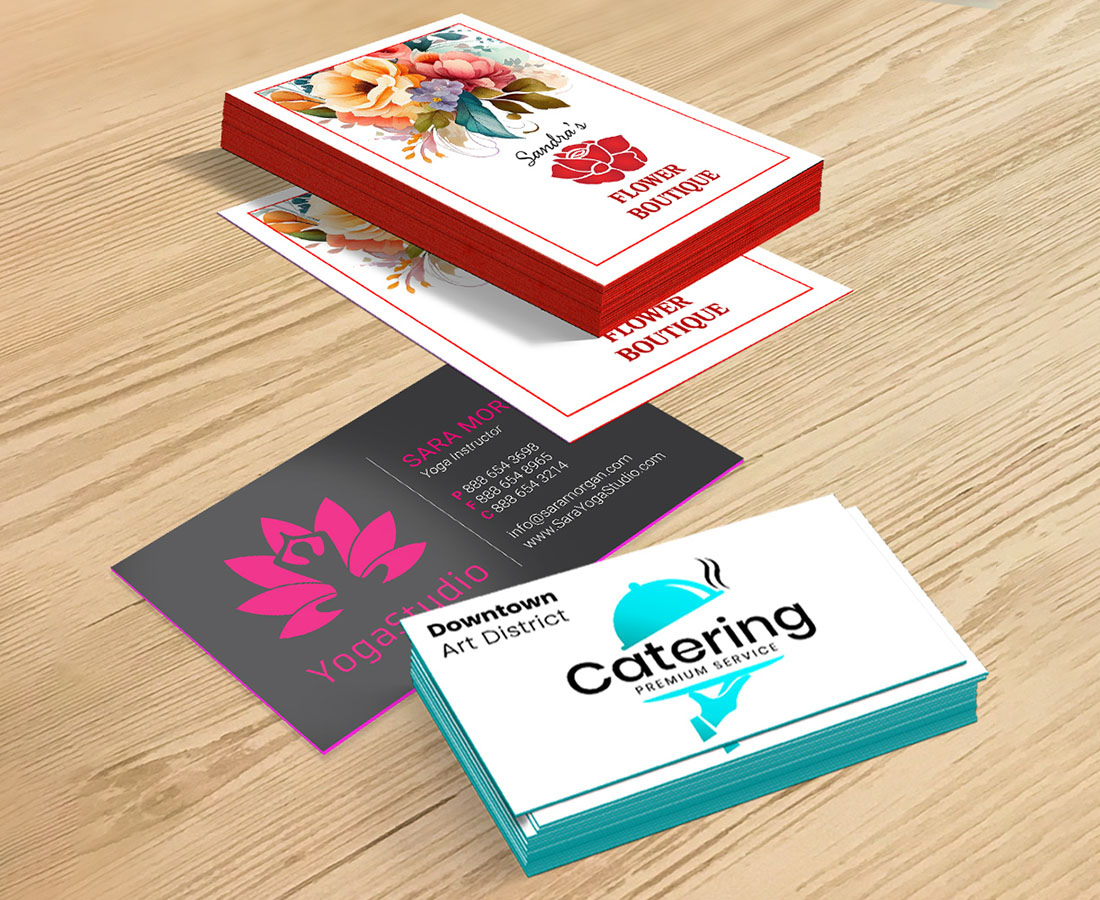 Various business cards with painted edges.